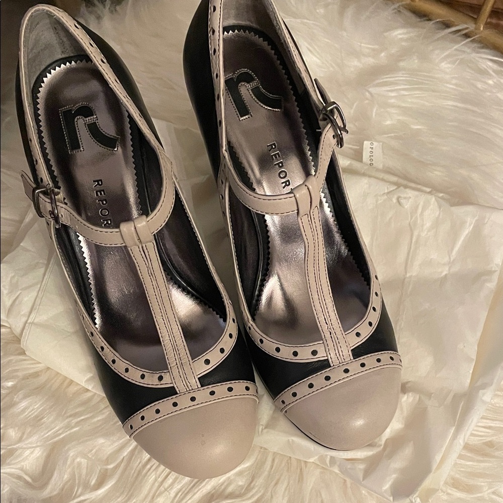 Report Women's Black and Cream T-Strap Heels